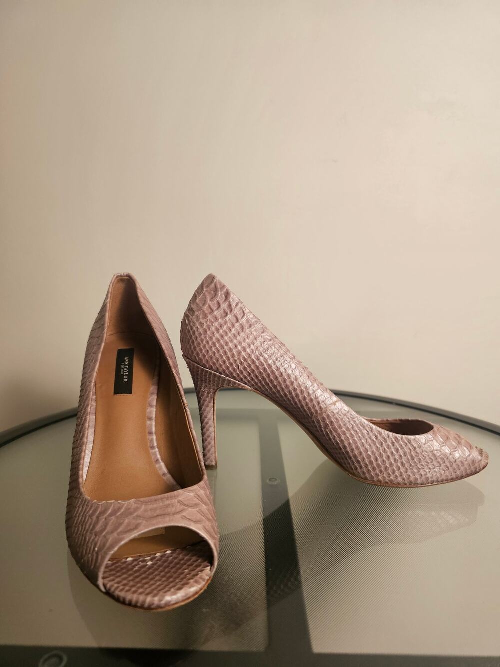 Ann Taylor "Snakeskin" Peep-toe Pumps In Beige